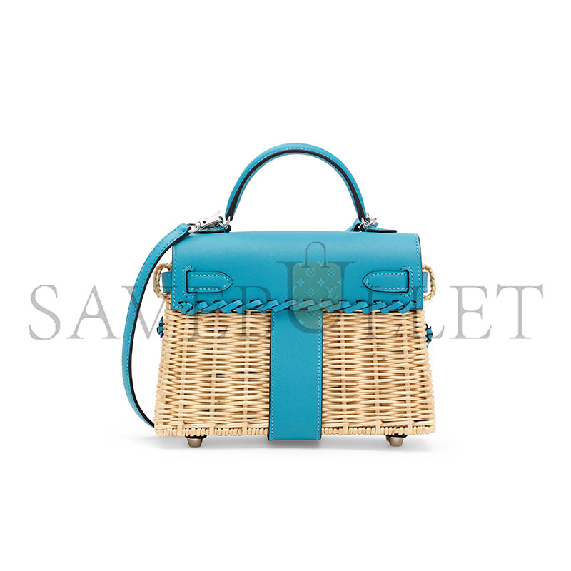 H**mes master bleu du nord swift leather & osier mini picnic kelly 20 with palladium hardware (20*14*8cm)